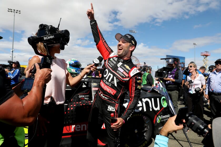 SONOMA, CA - JUNE 12: Mexican NASCAR driver Daniel Suarez, 30-yrs-old, number 99, first career Cup Series win in the Toyota/Save Mart 350 NASCAR Cup Series race at Sonoma Raceway on Sunday, June 12, 2022 in Sonoma, CA. Daniel Suarez is from Monterrey, Nuevo Leon, Mexico. (Gary Coronado / Los Angeles Times)
