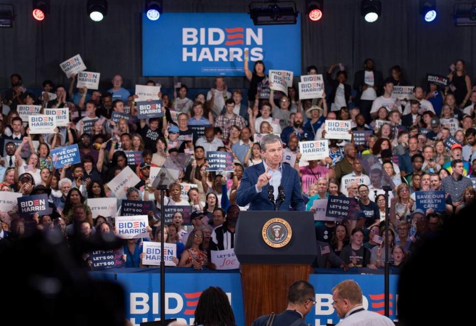 Gov. Roy Cooper speaks at a campaign event for President Joe Biden at the Jim Graham building at the North Carolina State Fairgrounds in Raleigh on Friday June 28, 2024.