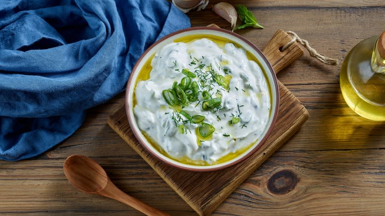 tzatziki on kitchen table