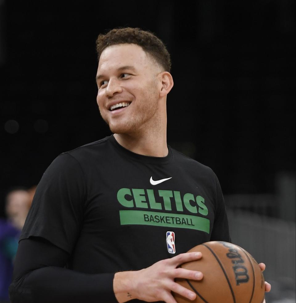 Feb 10, 2023; Boston, Massachusetts, USA; Boston Celtics forward Blake Griffin (91) has a laugh during warmups prior to a game against the Charlotte Hornets at TD Garden. Mandatory Credit: Bob DeChiara-USA TODAY Sports