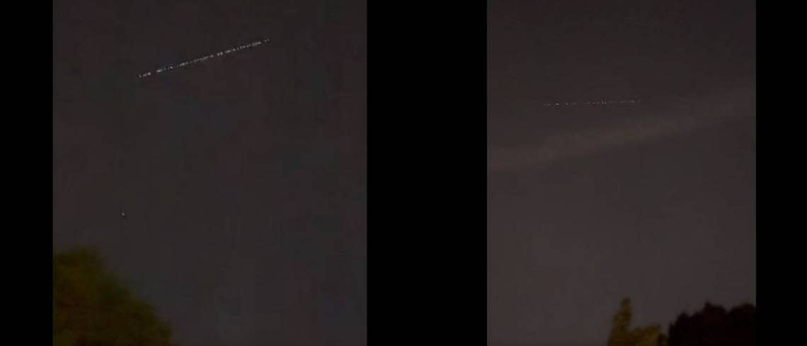 Images by Twitter users @body_by_nuggies and @Natelane_ show the band of SpaceX satellites slinking across Charlotte’s sky May 4, 2023.