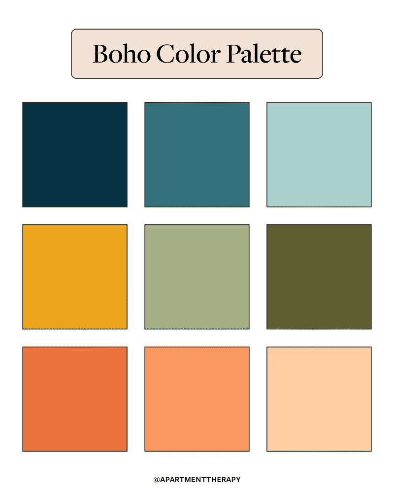 9 swatches for a Boho themed color palette