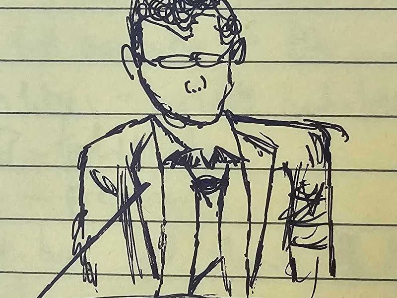 Artist's sketch of former FTX developer Adam Yedidia testifying in court (Nik De for CoinDesk)