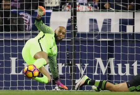 Nov 11, 2016; Columbus, OH, USA; USA goalkeeper Tim Howard (1) saves during first half action of the Team USA against Mexico match at MAPFRE Stadium. Mandatory Credit: Joe Maiorana-USA TODAY Sports