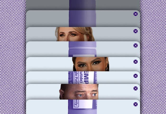 A graphic shows Rebel Wilson, Brendan Fraser, and Mindy Kaling's eyes peeking out between internet tabs, interspersed with the label for the drug Ozempic