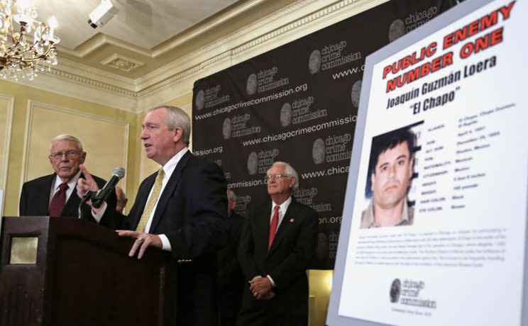 On Feb. 14, 2013, Al Bilek, executive vice president of the Chicago Crime Commission, DEA Special Agent Jack Riley, and former DEA Administrator Peter Bensinger announce that Joaquin 