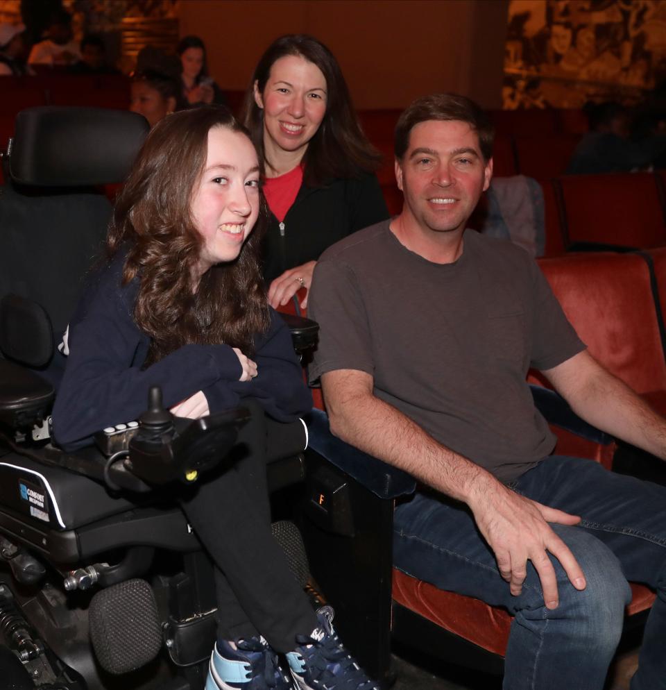 Avery Roberts, 15, a freshman at Clarkstown South High School, is pictured with her parents Mindy and John as she waits to perform during a rehearsal for the Garden of Dreams Talent Show in New York, April 11, 2023. Roberts, sponsored by the Make-A-Wish Hudson Valley, danced to the song "Rescue" during the rehearsal.