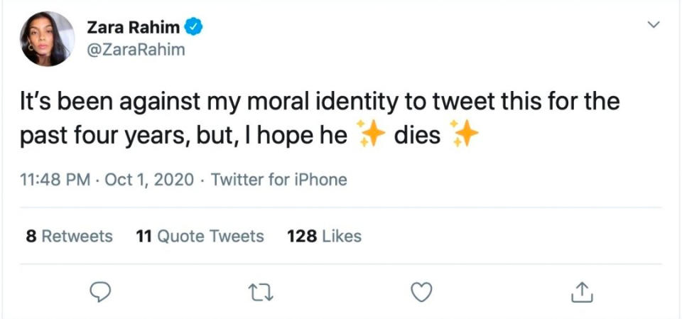 A screenshot of Zara Rahim's now-deleted tweet about President Donald Trump.