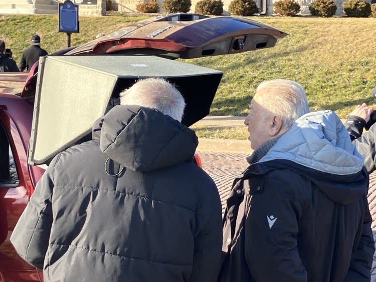 Italian film director Pupi Avati (right) looks at a monitor during shooting outside Sacred Heart Cathedral, Davenport, on Tuesday, Feb. 13, 2024 (photos by Jonathan Turner).