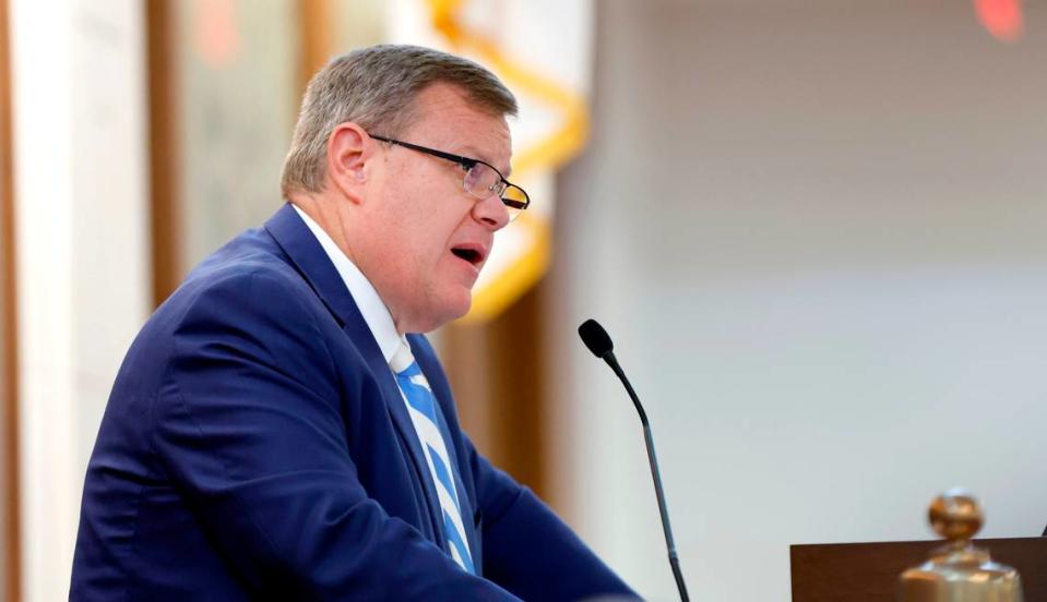 House Speaker Tim Moore presides over the General Assembly on the first day of their short session in Raleigh, N.C., Wednesday, April 24, 2024.