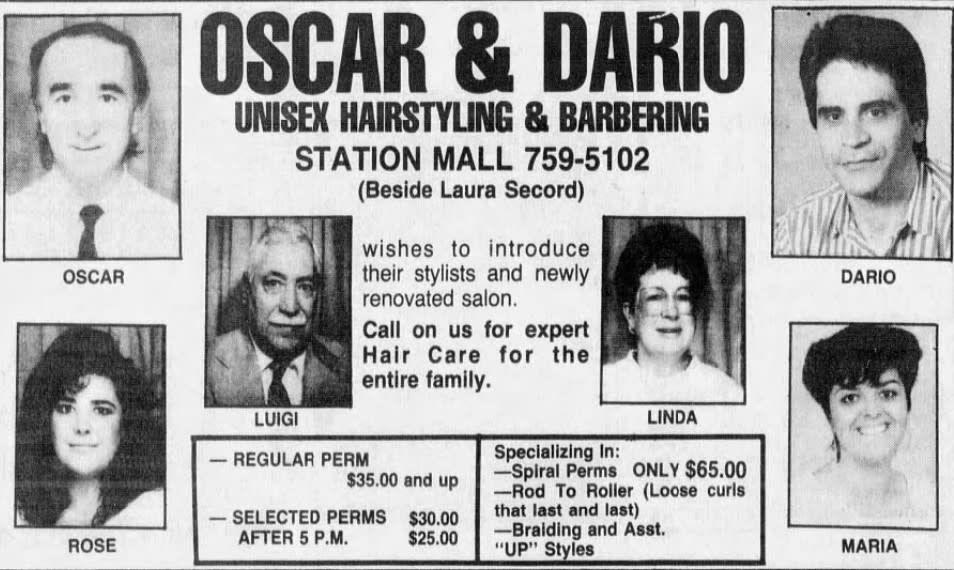 An ad for Oscar and Dario Unisex Hairstyling and Barbering that was published in the Oct. 26, 1989 edition of The Sault Star, featuring owners Oscar Orazietti and Dario Siciliano and their team of stylists