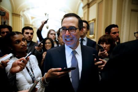 U.S. Secretary of the Treasury Steven Mnuchin departs from a meeting on tax reform with Senate Majority Leader Mitch McConnell (R-KY) (not pictured) and Speaker of the House Paul Ryan (R-WI) (not pictured) on Capitol Hill in Washington, U.S., April 25, 2017. REUTERS/Joshua Roberts