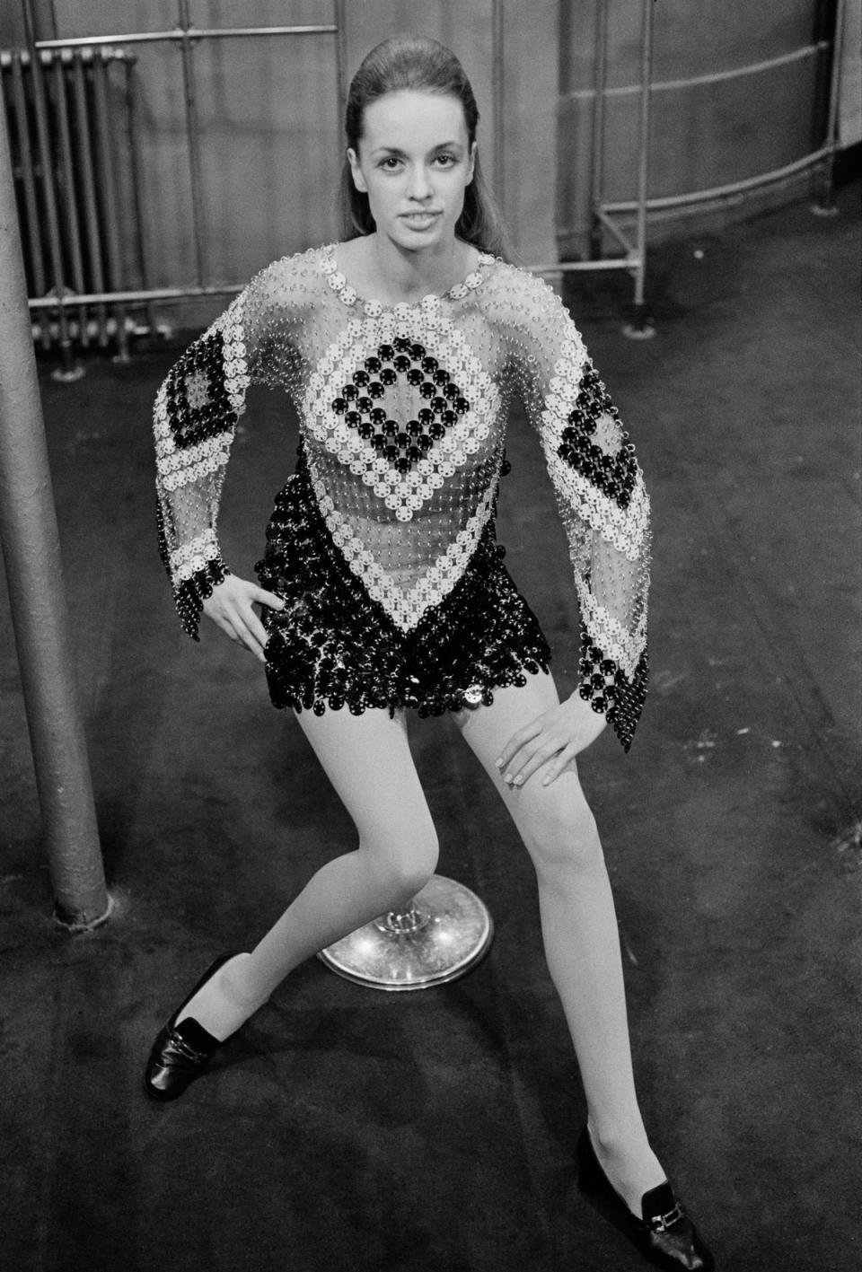 A Paco Rabanne evening dress constructed from hundreds of black and white plastic discs, 1969 (Getty Images)