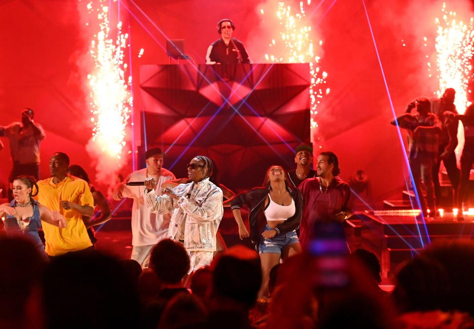 Kid Capri (top center) and Soulja Boy (bottom middle) grace the stage during the BET Awards 2023 at Microsoft Theater on June 25, 2023 in Los Angeles, California.