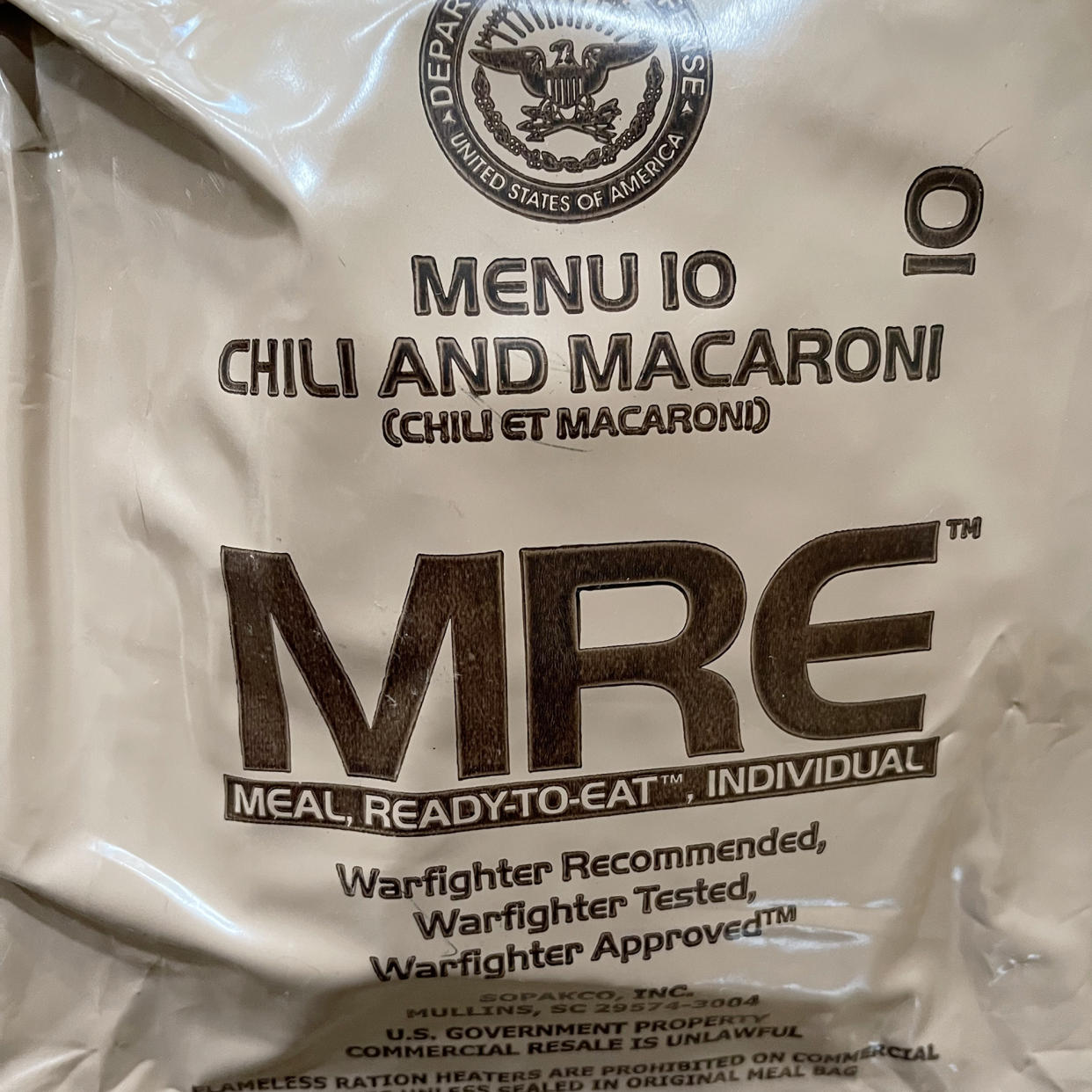 The Chili and Macaroni MRE looked less than appealing in the tan packaging. (Kait Hanson)