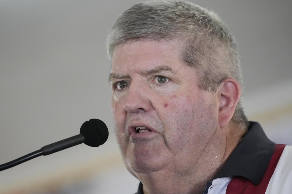 Candidate for the Republican nomination for Governor, David Hardigree addresses the crowd at the Neshoba County Fair in Philadelphia, Miss., Thursday, July 27, 2023. Hardigree faces Dr. John Witcher and incumbent Mississippi Gov. Tate Reeves for the party's nomination on Aug. 8. (AP Photo/Rogelio V. Solis)