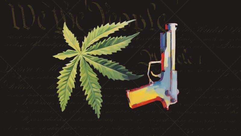 An illustration of a marijuana leaf and a handgun over the Constitution