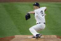 New York Yankees starting pitcher Masahiro Tanaka throws in the first inning of a baseball game against the Boston Red Sox, Saturday, Aug. 1, 2020, in New York. (AP Photo/John Minchillo)