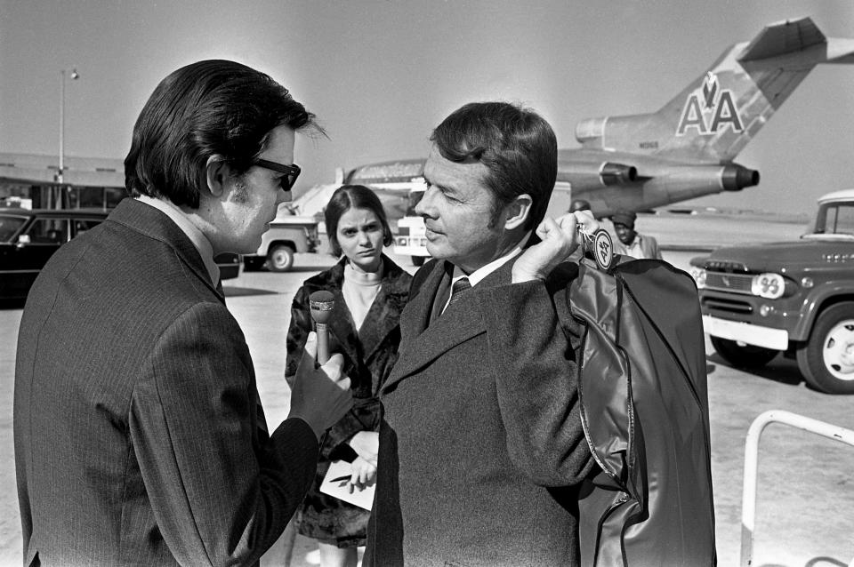 Actor Audie Murphy, right, is been interview by one of the local media after arriving at Nashville Municipal Airport March 4, 1971. The Western movie star is in town to be part of the seventh annual Cerebral Palsy Telethon at the Municipal Auditorium.