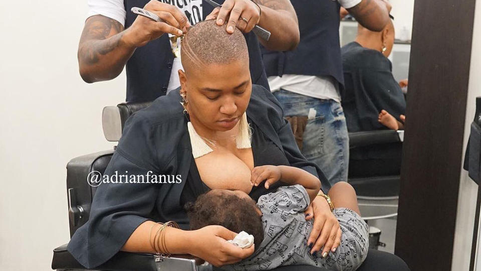 A photo of Nicolette Parkinson breastfeeding her baby at the Adrian Fanus Grooming salon has resonated with Facebook users. (Photo: Adrian Fanus/Facebook)