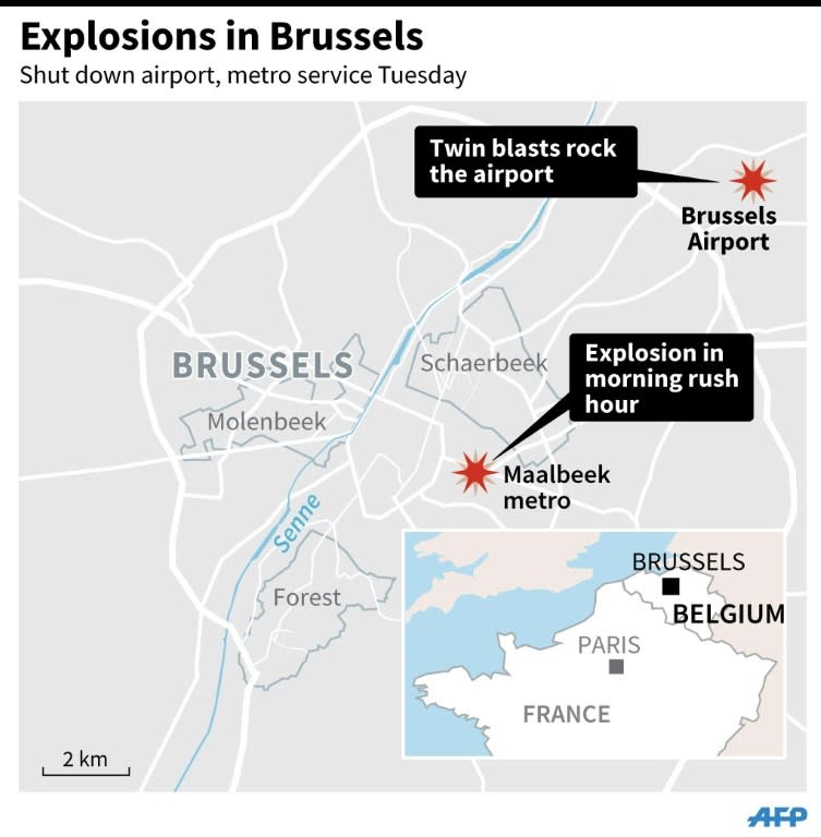 Updated map showing location of Brussels airport where two explosions were heard Tuesday, and Maalbeek metro