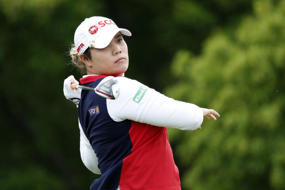 Ariya Jutanugarn, of Thailand, hits off the 10th tee during the third round of the KPMG Women's PGA Championship golf tournament, Saturday, June 22, 2019, in Chaska, Minn. (AP Photo/Charlie Neibergall)