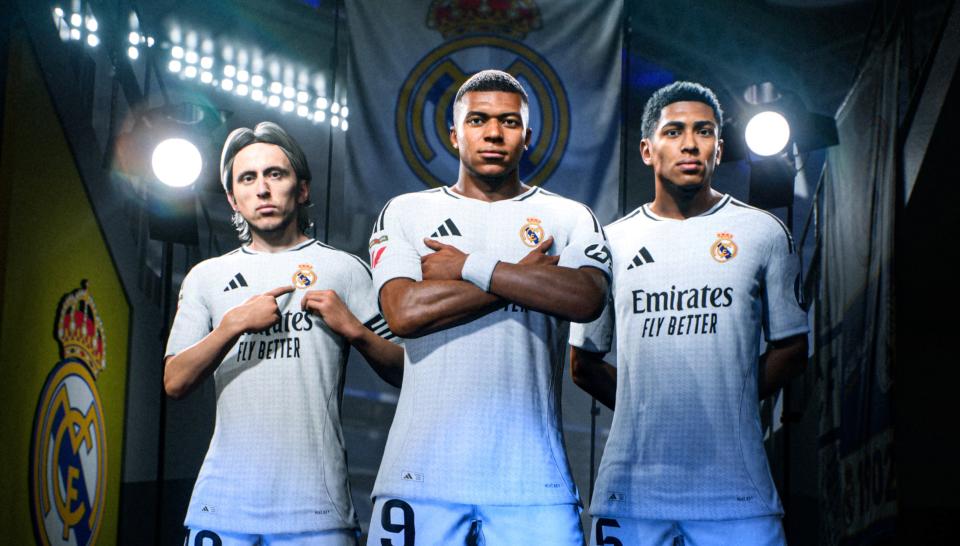 Luka Modric, Kylian Mbappe e Jude Bellingham do Real Madrid no EA Sports FC 25.