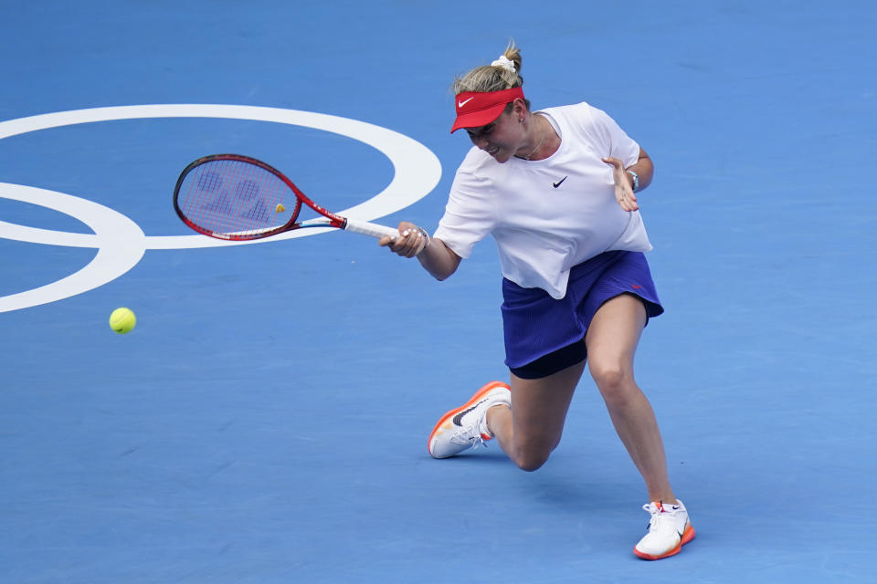 Donna Vekic, of Croatia, returns to Aryna Sabalenka, of Belarus, during second round of the tennis competition at the 2020 Summer Olympics, Monday, July 26, 2021, in Tokyo, Japan. (AP Photo/Patrick Semansky)