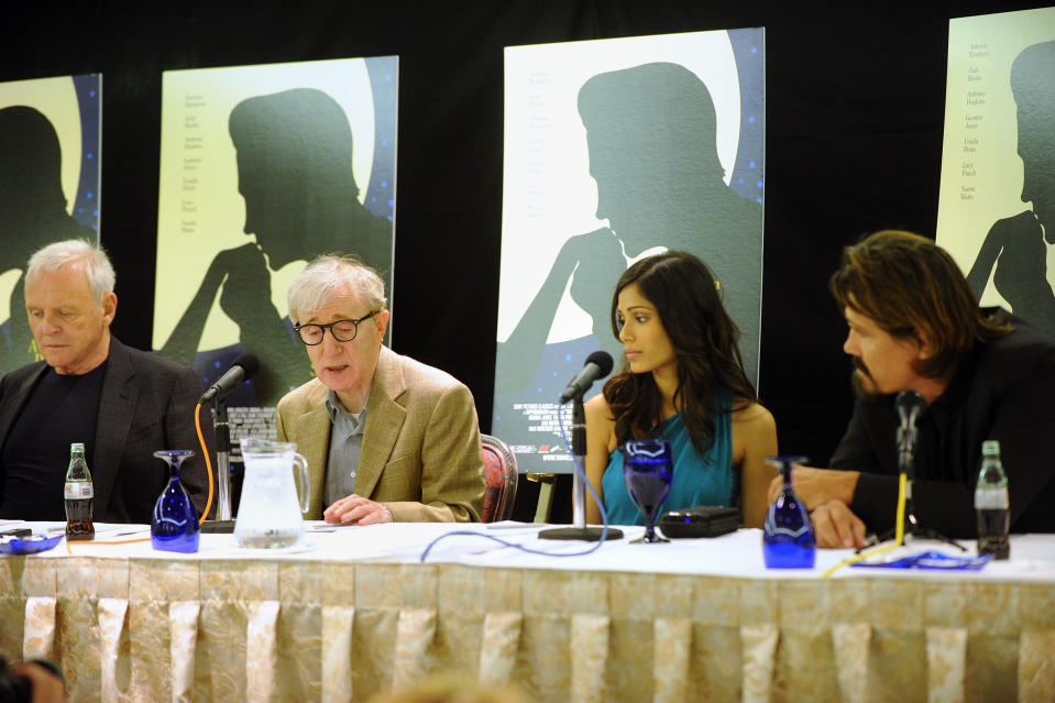 From left to right, Anthony Hopkins, Woody Allen, Freida Pinto and Josh Brolin speak about <em>You Will Meet a Tall Dark Stranger</em> at the 2010 Toronto International Film Festival on Sept. 12, 2010, in Toronto. (Photo: Jason Merritt/Getty Images)