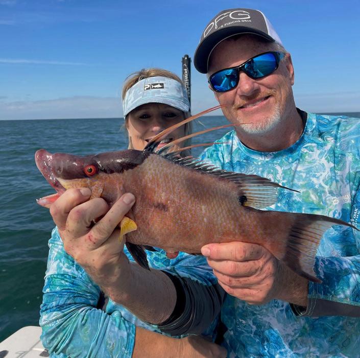 Michael Crotts and Laurie Ennis of New Port Richey caught this keeper size male hogfish on a live shrimp nearshore off Anna Maria Island while fishing with Capt. John Gunter last week.