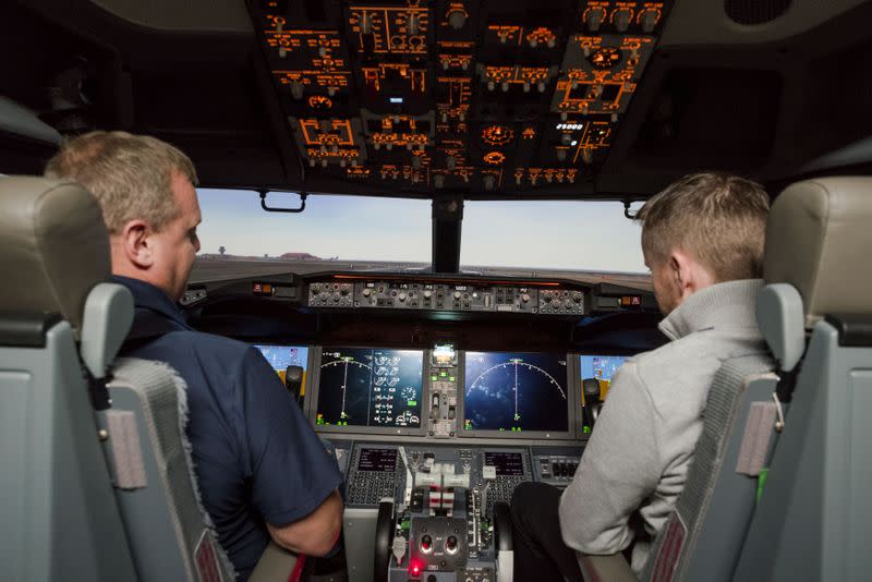 An inside view of the Icelandair Boeing 737 MAX training simulator in the TRU Flight Training Iceland in Reykjavik