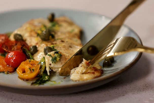 PHOTO: A cooked piece of cultivated chicken breast created at the Upside Foods plant, where lab-grown meat is cultivated, in Emeryville, Calif., Jan. 11, 2023. (Peter DaSilva/Reuters, FILE)