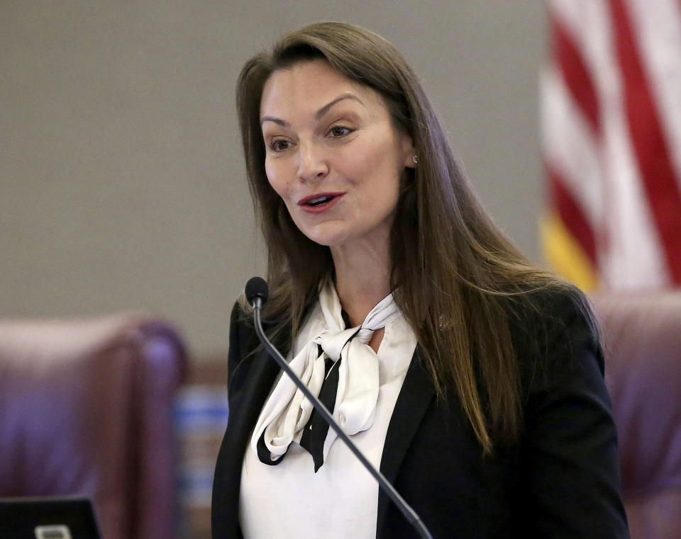 FILE - In this Oct. 29, 2019 photo, Agriculture commissioner Nikki Fried speaks in Tallahassee, Fla. Fried, whose office polices charities, alleged Friday, June 18, 2021, that a group run by one of former President Donald Trump's most prominent election conspiracy adherents is illegally seeking donations in the state. Fried, a Democrat, said her office has filed an administrative complaint against attorney Sidney Powell's Defending the Republic group demanding that it obey state law or cease Florida operations. (AP Photo/Steve Cannon, File)