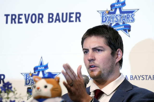 DeNA BayStars pitcher Trevor Bauer is pictured during a postgame hero  interview following a 5-3 Central League win against the Hanshin Tigers at  Yokohama Stadium in Yokohama near Tokyo on June 25