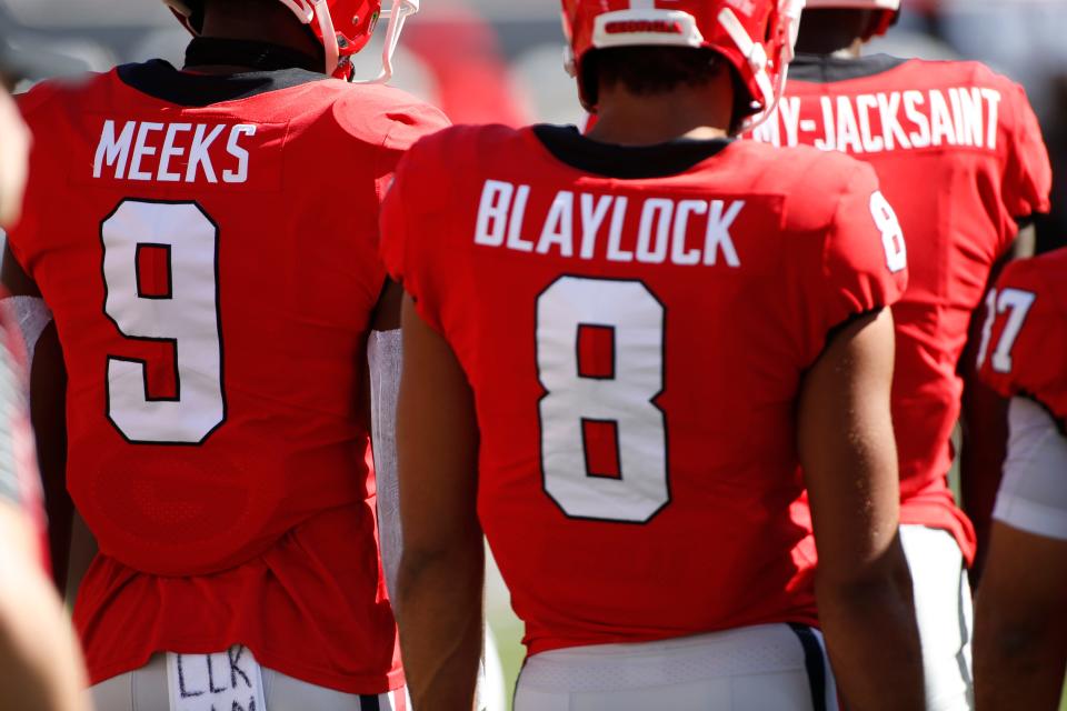 Georgia warms up before the start of a NCAA college football game between Vanderbilt and Georgia in Athens, Ga., on Saturday, Oct. 15, 2022.