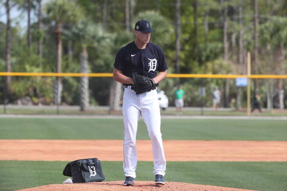 Tigers pitcher Matt Manning throws live batting practice during Detroit Tigers spring training on Wednesday, March 16, 2022, at TigerTown in Lakeland, Florida.