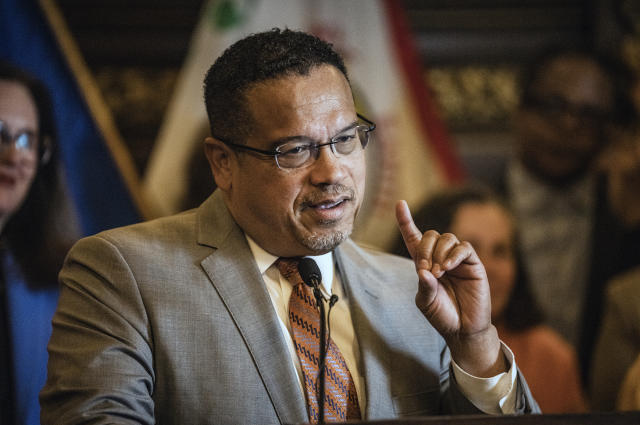 Minnesota Attorney General Keith Ellison announces the $60.5 million settlement with Juul over marketing vaping to youth in St. Paul, Minn., on Wednesday, May 17, 2023. Attorney General Ellison said Wednesday that it works out to two to four times more per-capita than any other state that sued Juul over youth vaping and marketing practices. The state’s lawsuit was the first and still the only one of thousands of cases nationwide against the e-cigarette maker to reach trial. (Richard Tsong-Taatarii/Star Tribune via AP)