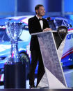 NASCAR Cup Series champion Kyle Larson speaks during the NASCAR Awards on Thursday, Dec. 2, 2021, in Nashville, Tenn. (AP Photo/Mark Humphrey)