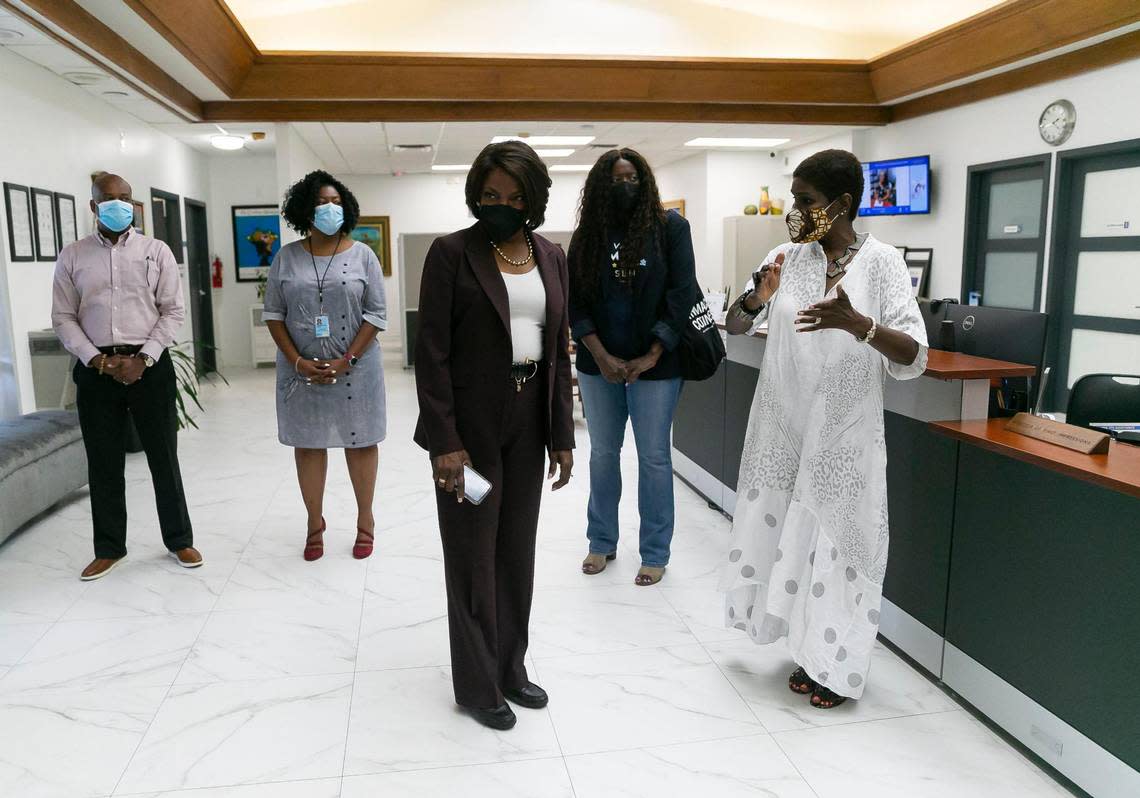 U.S. Rep. Val Demings, D-Fla., is greeted by Gepsie Metellus, the executive director of Sant La Neighborhood Center, on Monday, Aug. 1, 2022, in North Miami, Fla. Demings is running against U.S. Sen. Marco Rubio.
