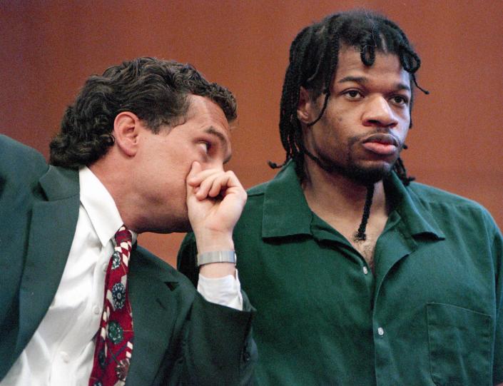 Convicted killer Christopher Scarver listens to one of his attorneys, Daniel Patrykus, during a special hearing on May 15, 1995, in Portage, Wis.  At the hearing, Scarver changed his not guilty plea in the beating death of serial killer Jeffrey Dahmer and Jesse Anderson, to no contest on two first degree intentional homicide charges.