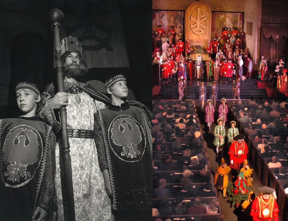 LEFT: Richard Crews portrayed King Wenceslas in the 1985 Boar's Head and Yule Log Festival at First Christian Church. He is flanked by Sean Ford (left) and Mark McCoy (right). RIGHT: Crowds pack the sanctuary during the 2007 Boar's Head and Yule Log Festival at First Christian Church.