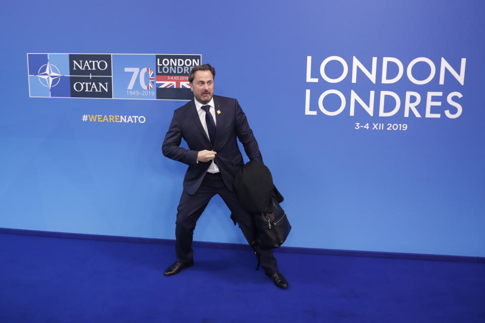 Luxembourg's Prime Minister Xavier Bettel arrives for a NATO leaders meeting at The Grove hotel and resort in Watford, Hertfordshire, England, Wednesday, Dec. 4, 2019. As NATO leaders meet and show that the world's biggest security alliance is adapting to modern threats, NATO Secretary-General Jens Stoltenberg is refusing to concede that the future of the 29-member alliance is under a cloud. (AP Photo/Matt Dunham)