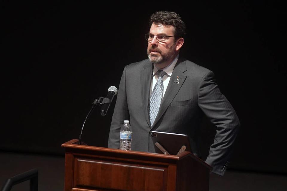 Dr. Reuben Sloan speaks Thursday evening at the National Infantry Museum during the “Corresponding Angles: The Story of a Liberator & A Holocaust Survivor” program. 05/04/2023