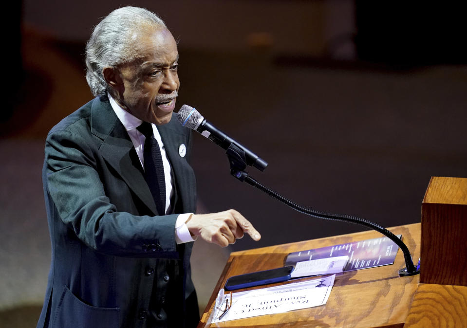 FILE - The Rev. Al Sharpton delivers the eulogy for Tyre Nichols, who died following a brutal beating by Memphis police after a traffic stop, at Mississippi Boulevard Christian Church in Memphis, Tenn., on Wednesday, Feb. 1, 2023. The Rev. Al Sharpton's National Action Network, a civil rights organization, announced plans for the Wednesday, March 29, 2023, funeral of Irvo Otieno in Chesterfield, Va. The 28-year-old Black man died after he was pinned to the floor by seven sheriff’s deputies and several others while he was being admitted to a mental hospital. (Andrew Nelles/The Tennessean via AP, Pool)