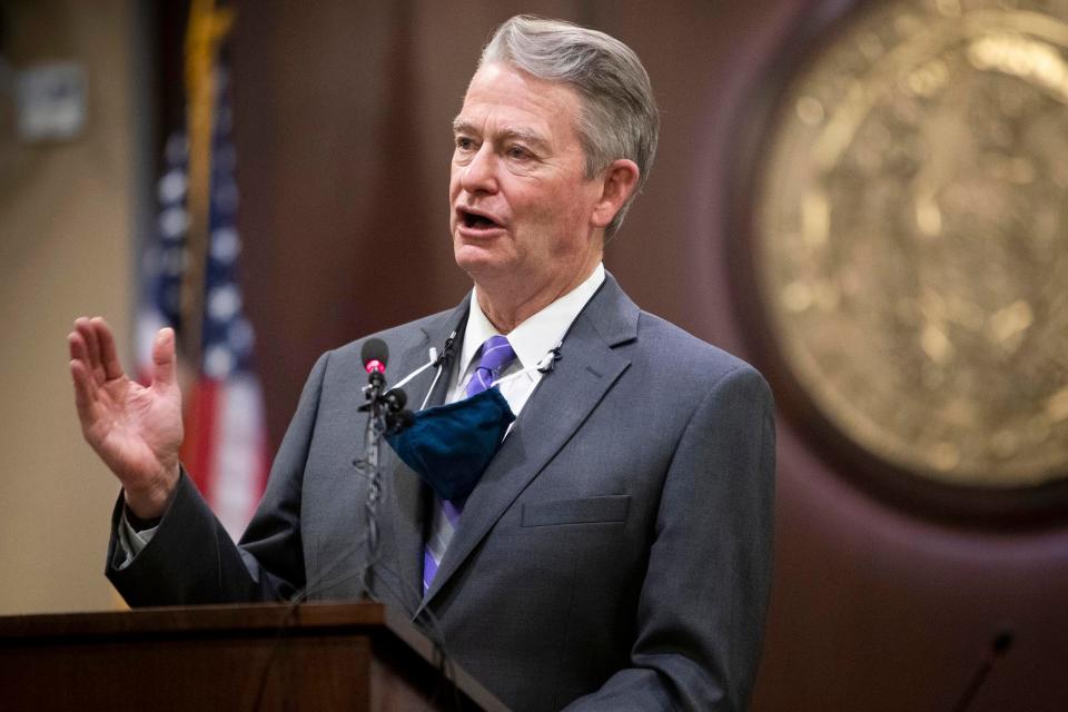 Idaho Gov. Brad Little is facing a primary challenge from his Lt. Gov. Janice McGeachin. This file photo shows him during a press conference at the statehouse in Boise, Idaho, on Oct. 1, 2020.