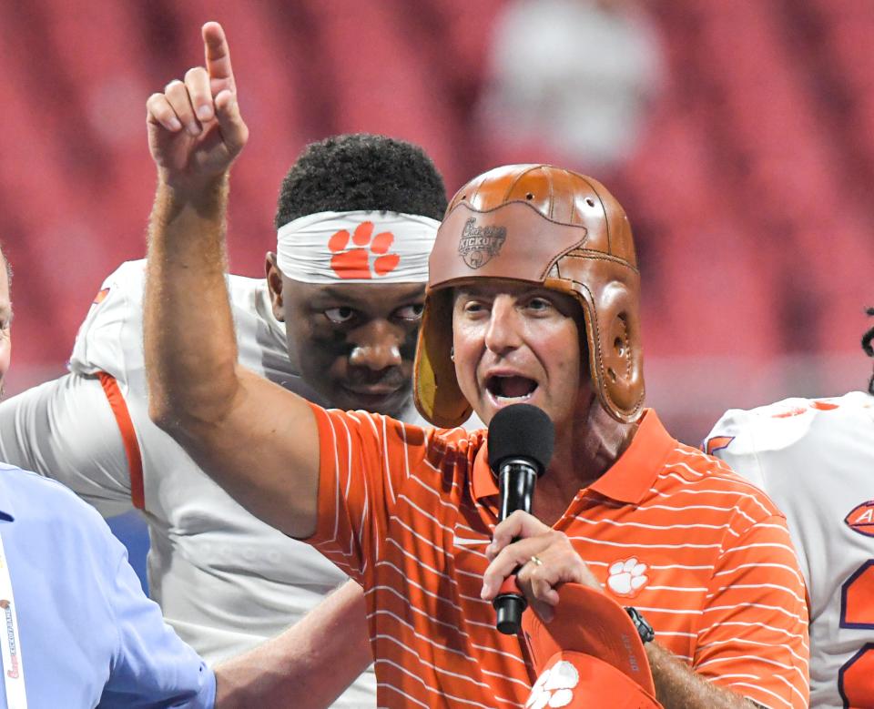 Clemson head coach Dabo Swinney thanks fans and players after the game at the Mercedes-Benz Stadium in Atlanta, Georgia Monday, September 5, 2022. Clemson won 41-10.