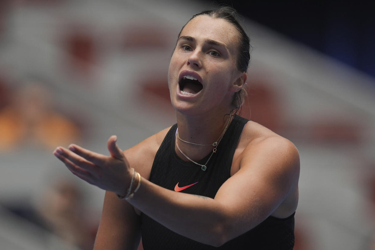 Aryna Sabalenka of Belarus reacts during a match against Mananchaya Sawangkaew of Thailand for the China Open tennis tournament held at the National Tennis Center in Beijing, Saturday, Sept. 28, 2024. (AP Photo/Ng Han Guan)