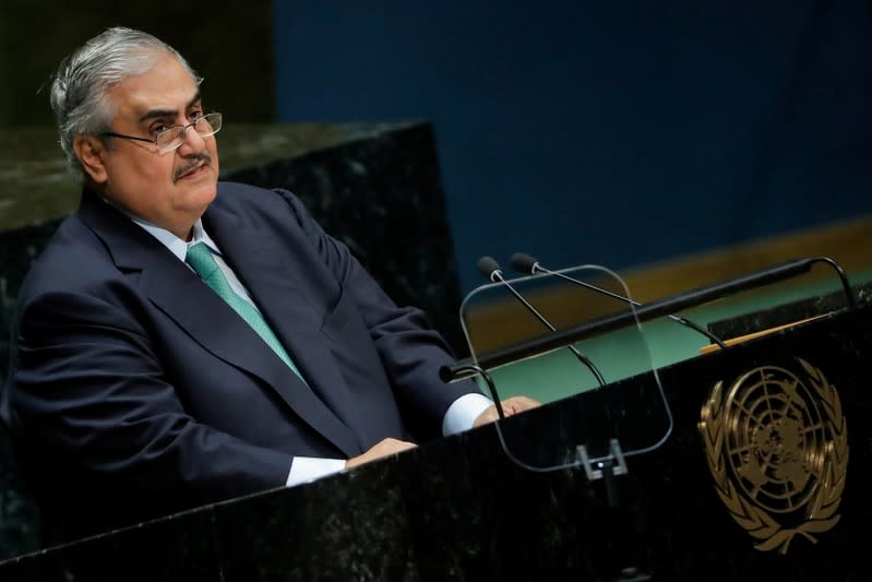 FILE PHOTO: Bahrain's Foreign Minister Khalid bin Ahmed al-Khalifa addresses the 74th session of the United Nations General Assembly at U.N. headquarters in New York City, New York