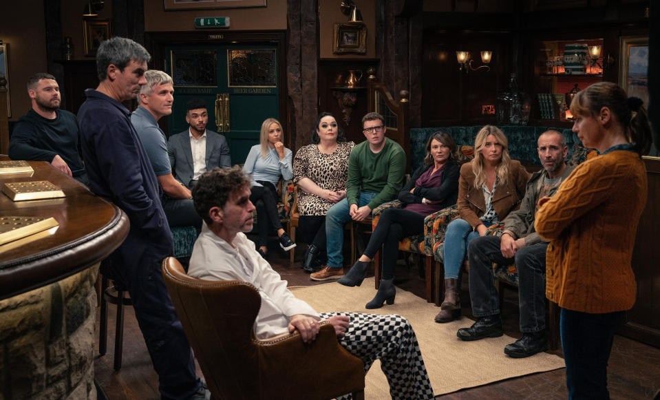 FROM ITV

STRICT EMBARGO
Print media - No Use Before Tuesday 24th October 2023
Online Media - No Use Before 0700hrs Tuesday 24th October 2023

Emmerdale - WEEK 43

Monday 30th October - Friday 3rd November 2023

In a special week of betrayal and secrets, the Dingle family take centre stage at a lock-in in the Woolpack as Lydia questions their whereabouts on the night of Craigâ€™s death. 


Through a series of flashbacks, the truth begins to emerge, revealing a tangled web of events leading up to his demise. As the layers of deception are peeled away, the truth will be revealed to the audience in a week where the only certainty is that nothing is as it seems.

Picture contact - David.crook@itv.com

Photographer - Mark Bruce

This photograph is (C) ITV and can only be reproduced for editorial purposes directly in connection with the programme or event mentioned above, or ITV plc. This photograph must not be manipulated [excluding basic cropping] in a manner which alters the visual appearance of the person photographed deemed detrimental or inappropriate by ITV plc Picture Desk. This photograph must not be syndicated to any other company, publication or website, or permanently archived, without the express written permission of ITV Picture Desk. Full Terms and conditions are available on the website www.itv.com/presscentre/itvpictures/terms
