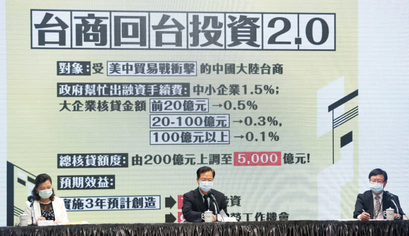 政務委員龔明鑫（中）在「紓困振興方案─看好台灣 回流資金持續加碼」記者會上表示，台商回台的投資金額在五二○前，已經突破一兆元。（圖／報系資料庫）